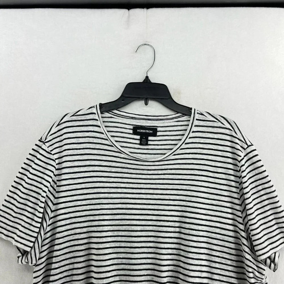 Nordstrom Linen Shirt Womens Large Black White Striped Round Neck Relaxed Fit - Picture 6 of 12